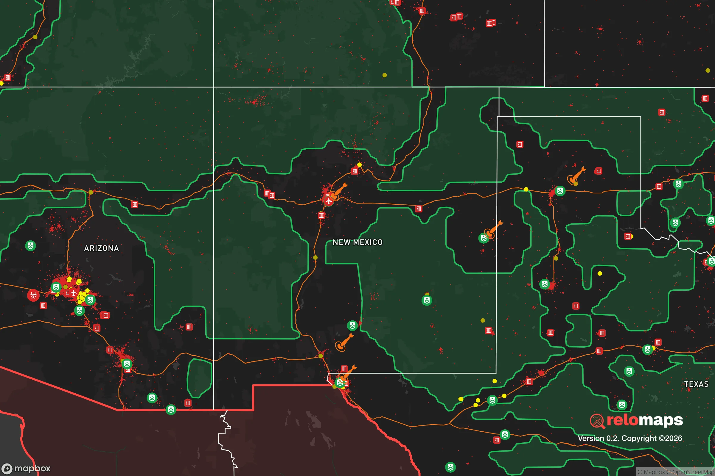 Safe Spaces map for the New Mexico showing strategic features around New Mexico — military bases, dangers, federal highways, population centers, and computed safe areas.