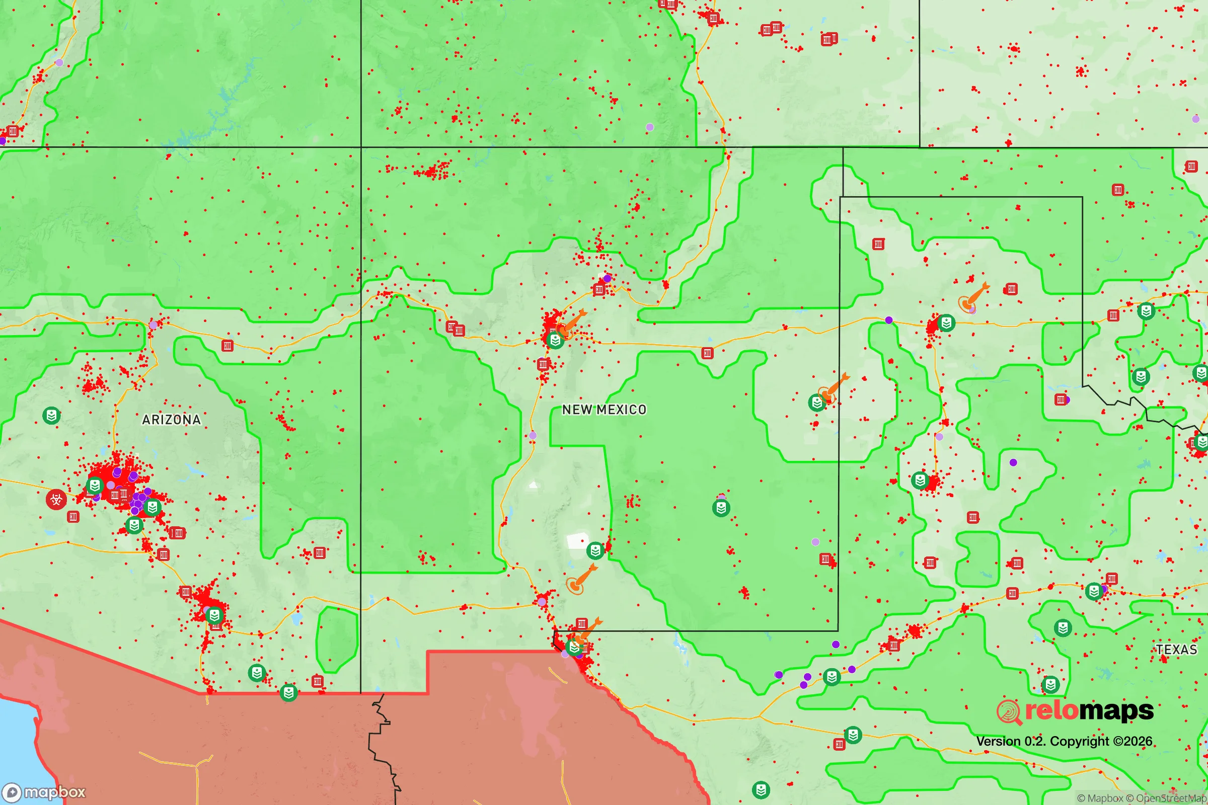 Safe Spaces map for the New Mexico showing strategic features around New Mexico — military bases, dangers, federal highways, population centers, and computed safe areas.