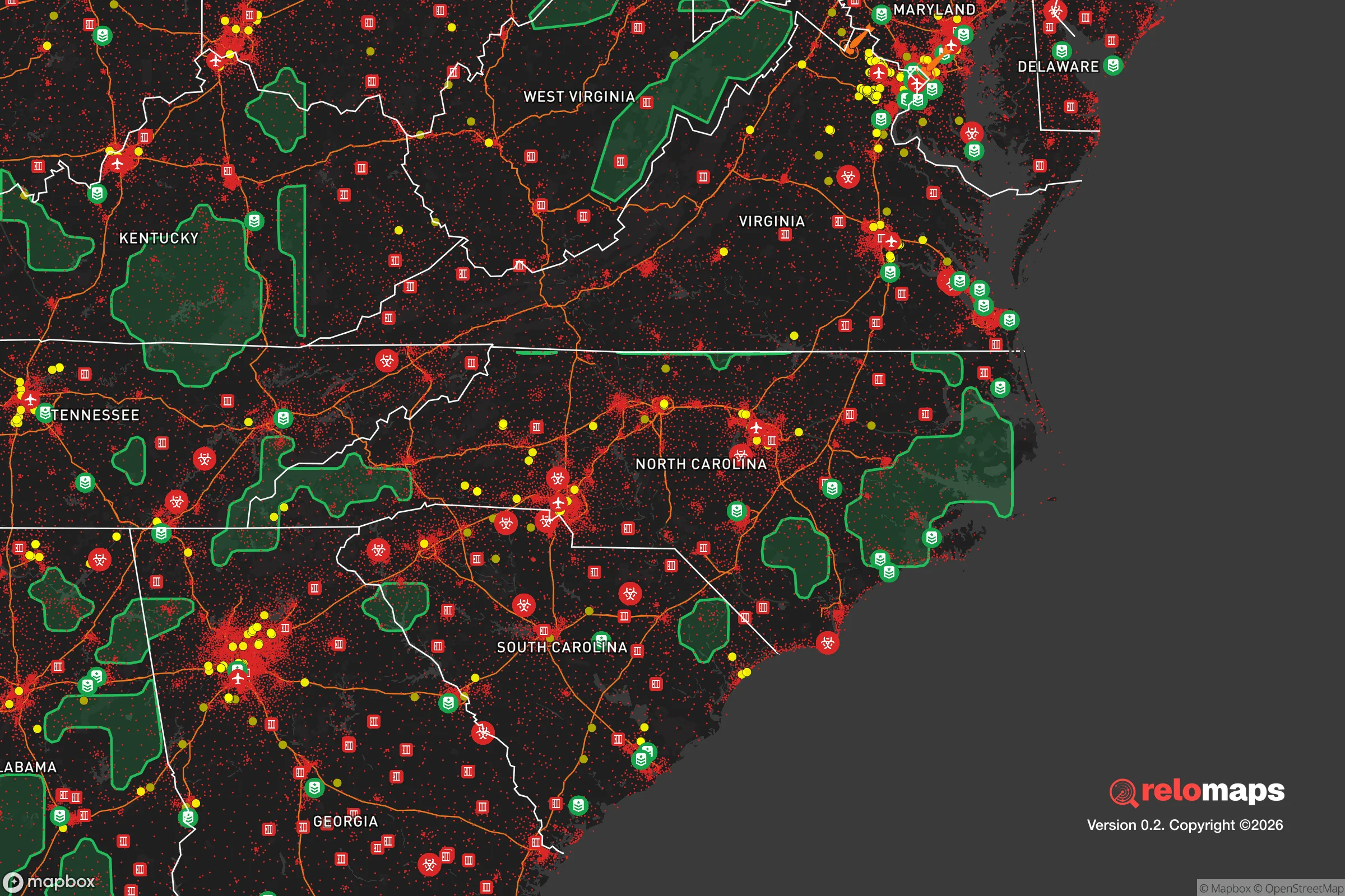 Safe Spaces map for the North Carolina showing strategic features around North Carolina — military bases, dangers, federal highways, population centers, and computed safe areas.