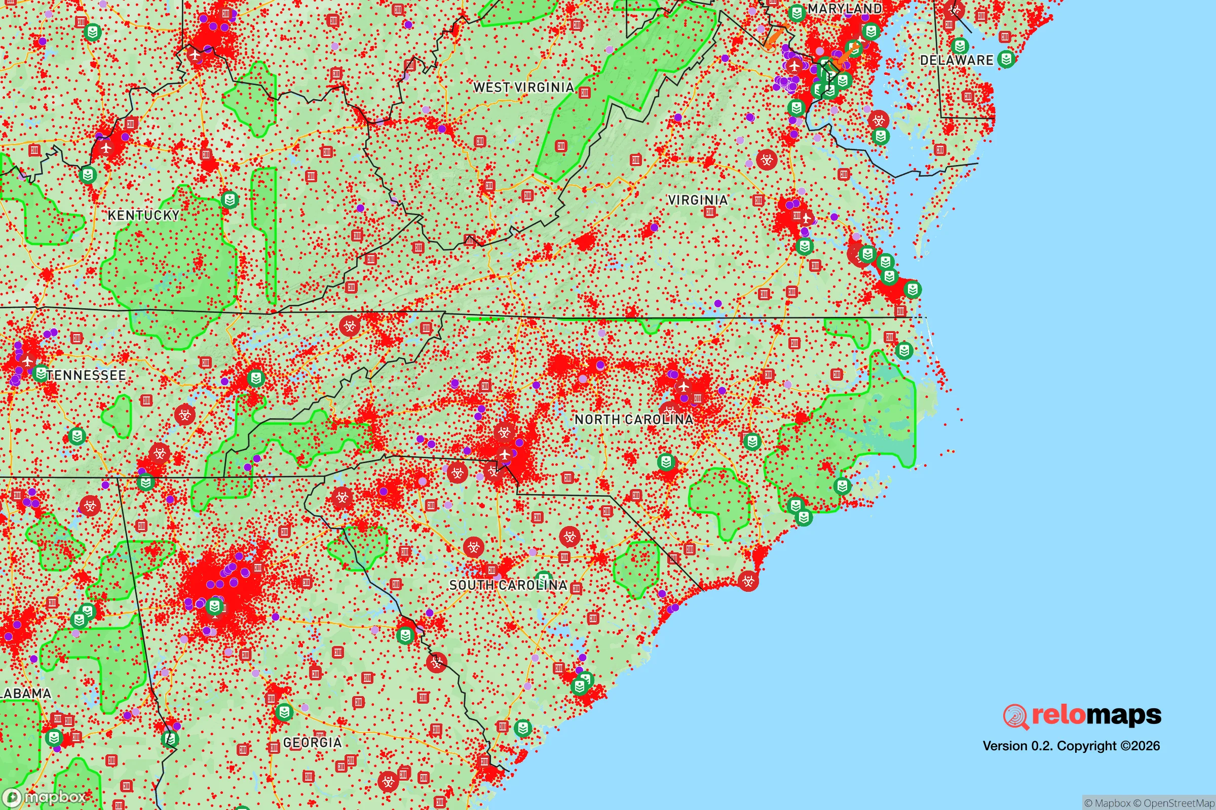 Safe Spaces map for the North Carolina showing strategic features around North Carolina — military bases, dangers, federal highways, population centers, and computed safe areas.