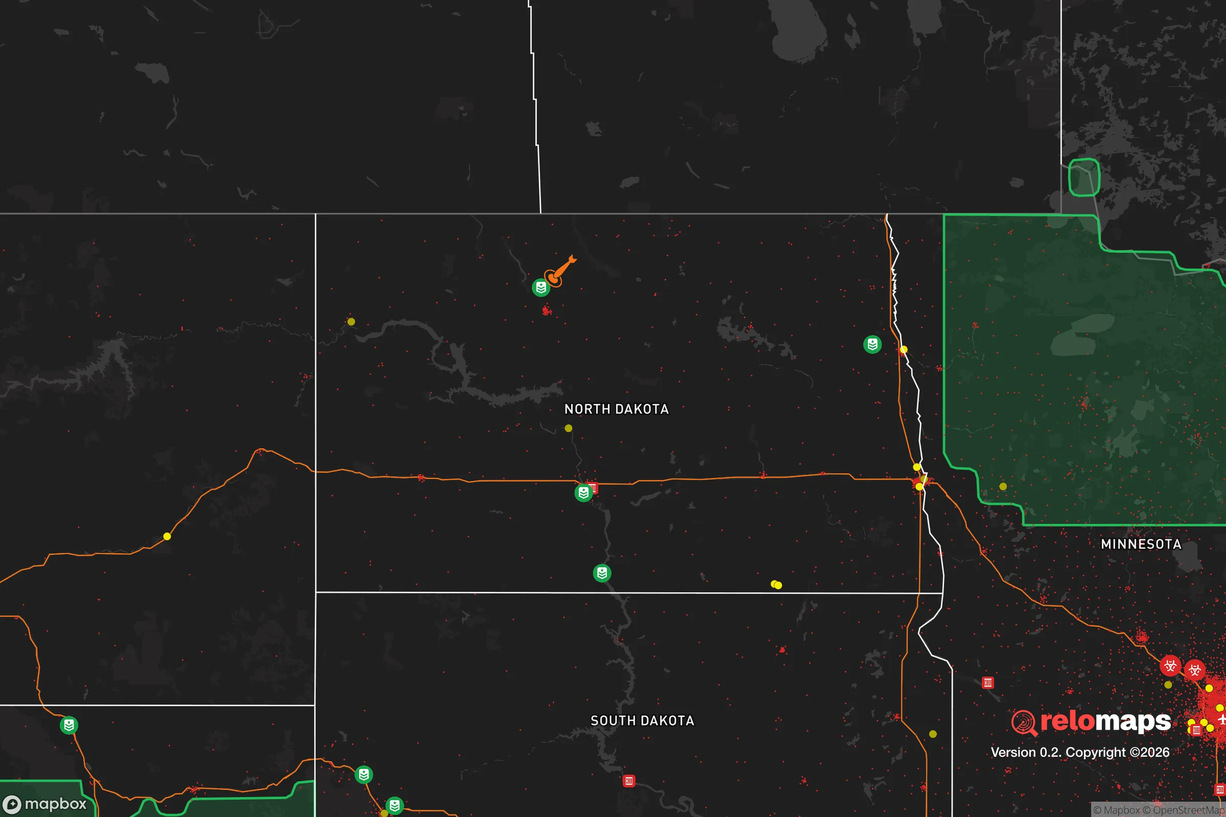 Safe Spaces map for the North Dakota showing strategic features around North Dakota — military bases, dangers, federal highways, population centers, and computed safe areas.