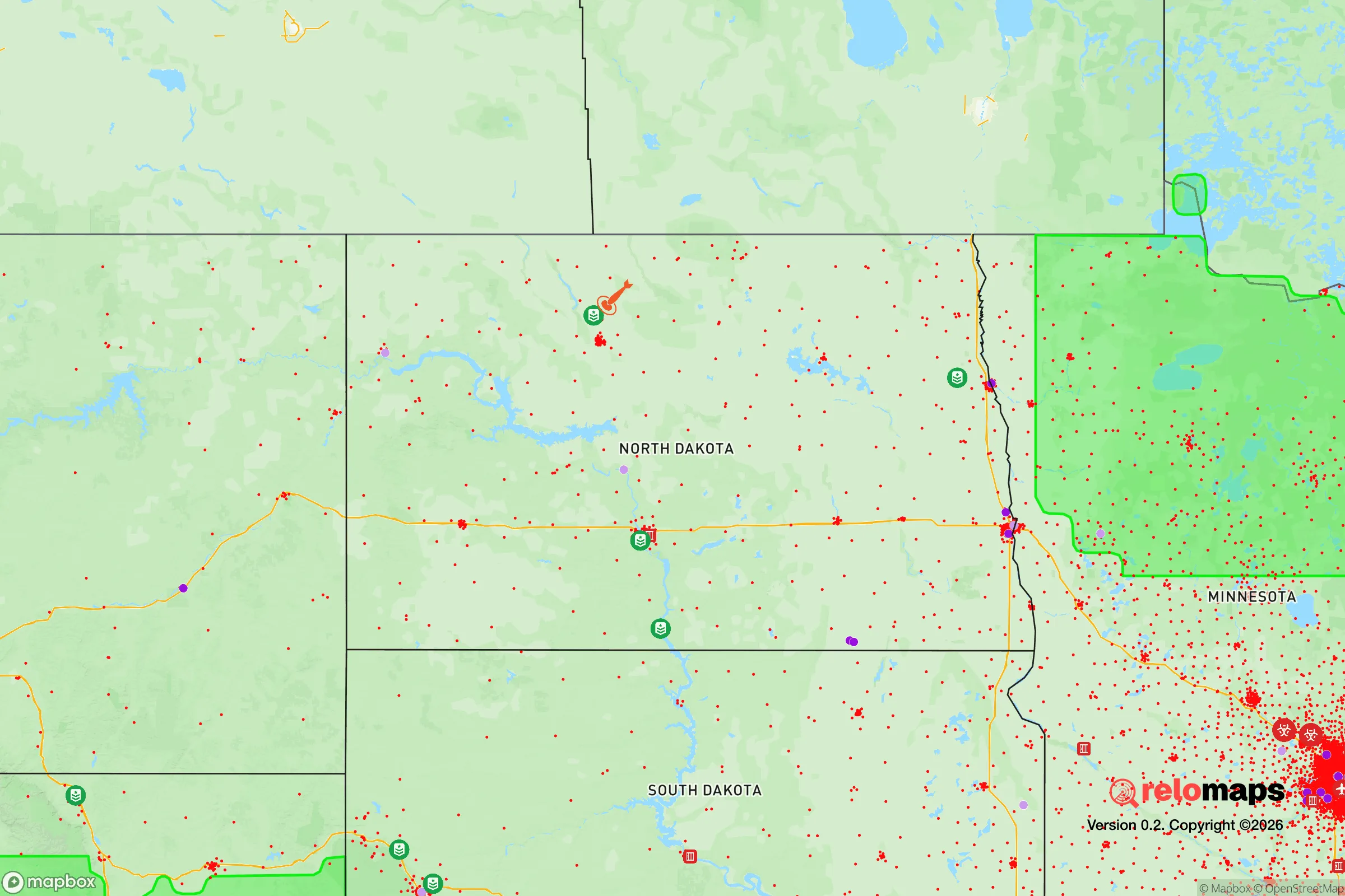 Safe Spaces map for the North Dakota showing strategic features around North Dakota — military bases, dangers, federal highways, population centers, and computed safe areas.