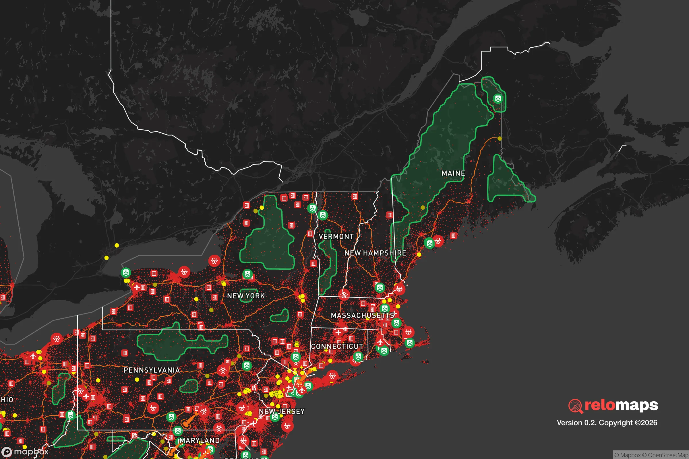 Safe Spaces map for the Northeast showing strategic features around Vermont — military bases, dangers, federal highways, population centers, and computed safe areas.