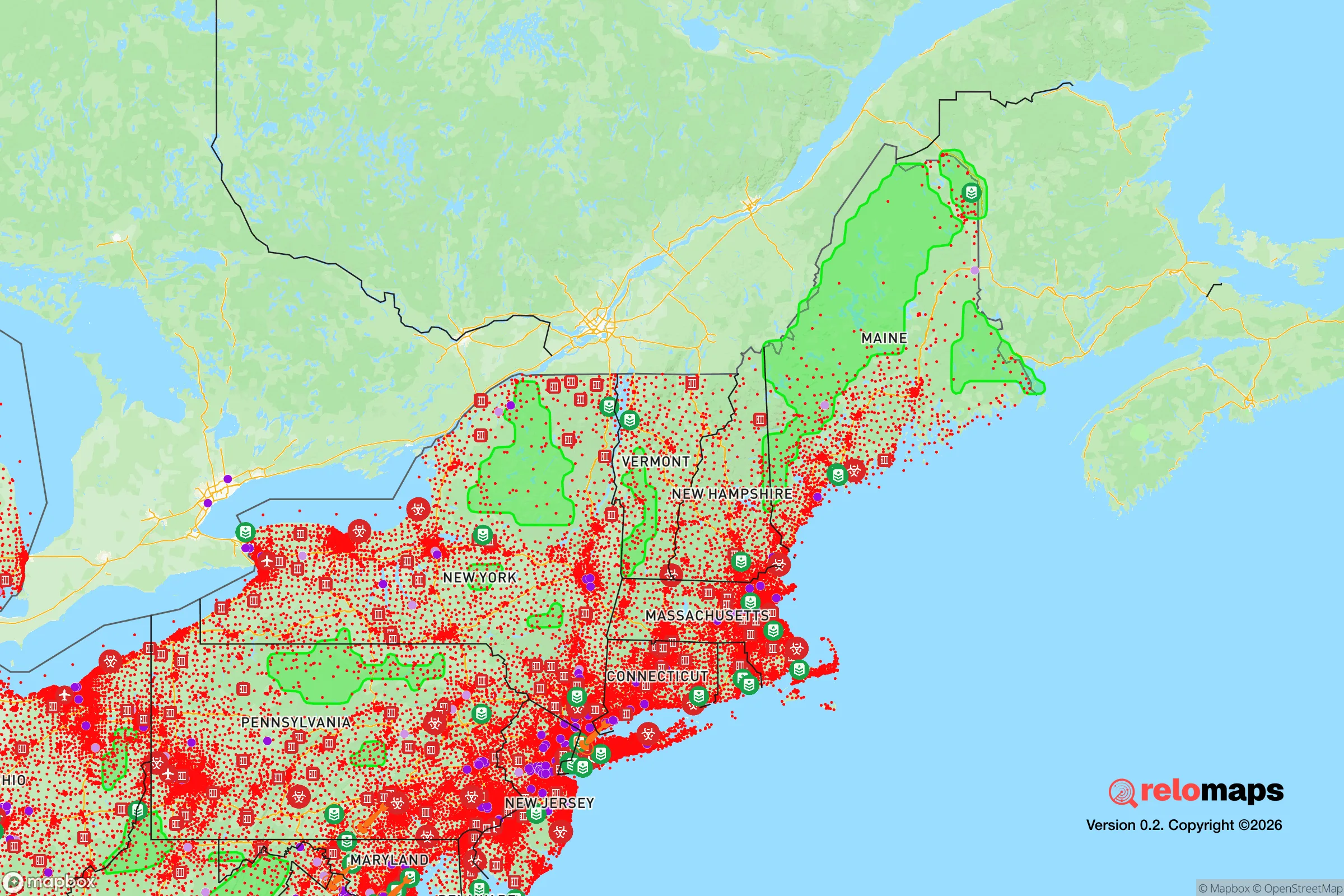 Safe Spaces map for the Northeast showing strategic features around Vermont — military bases, dangers, federal highways, population centers, and computed safe areas.