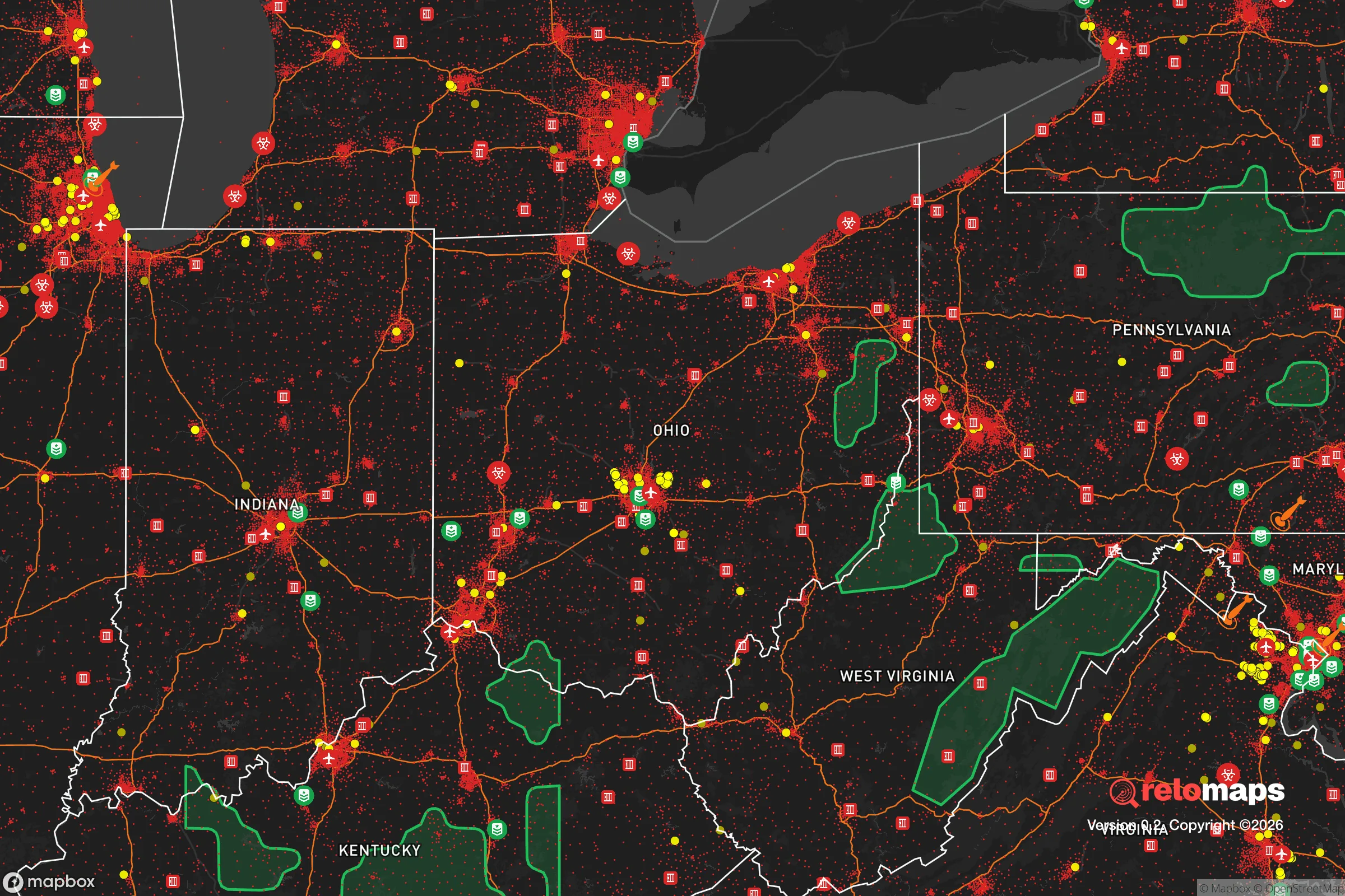 Safe Spaces map for the Ohio showing strategic features around Ohio — military bases, dangers, federal highways, population centers, and computed safe areas.