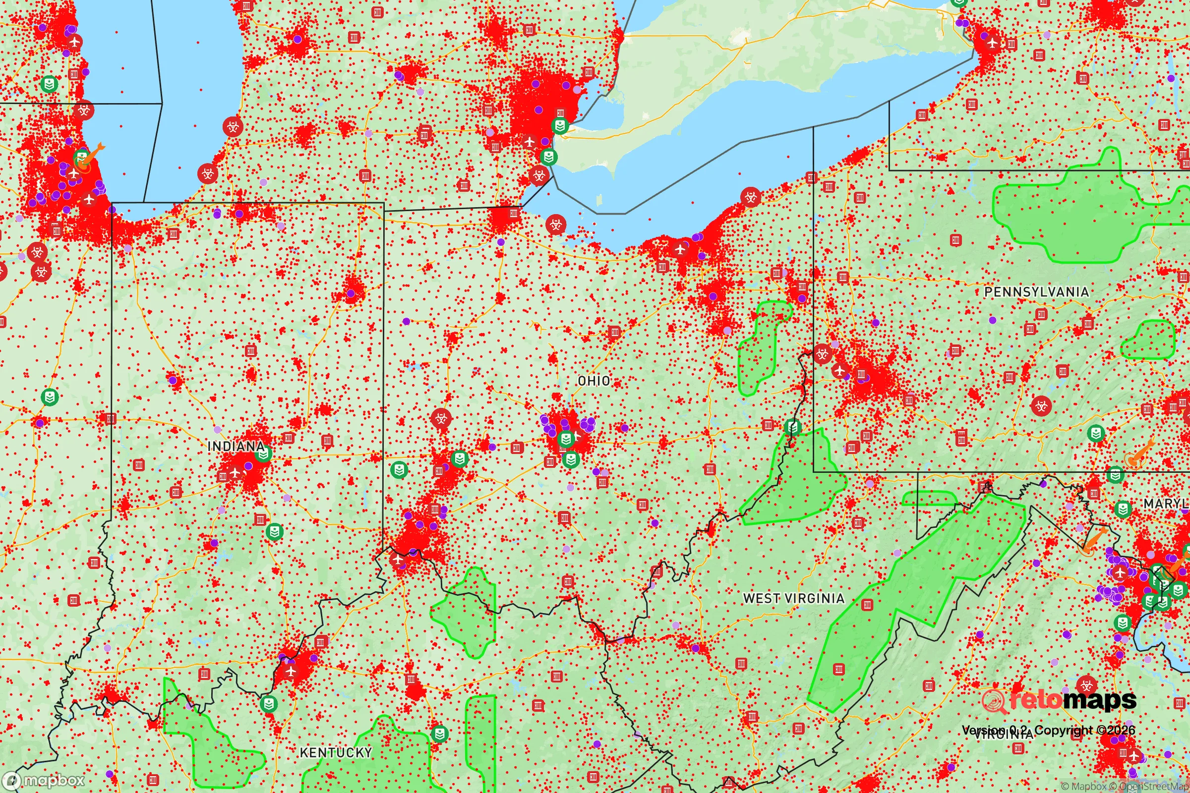Safe Spaces map for the Ohio showing strategic features around Ohio — military bases, dangers, federal highways, population centers, and computed safe areas.