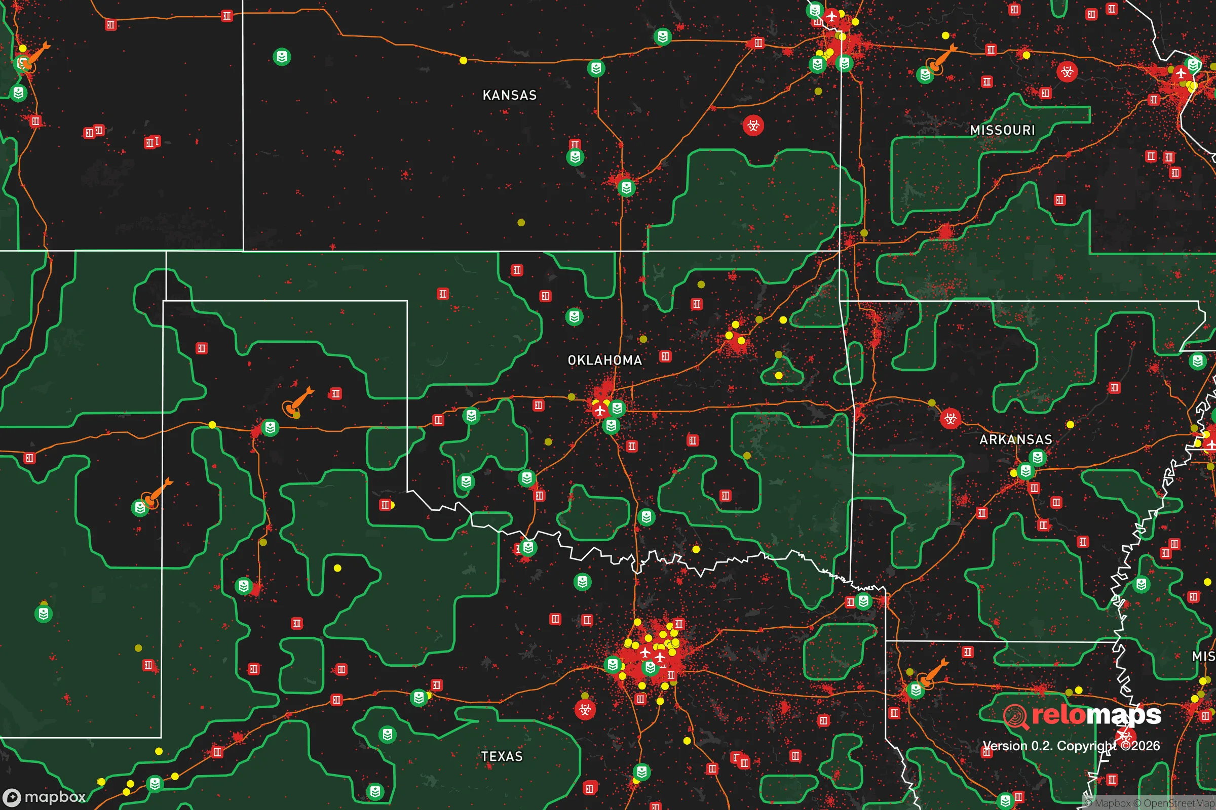Safe Spaces map for the Oklahoma showing strategic features around Oklahoma — military bases, dangers, federal highways, population centers, and computed safe areas.