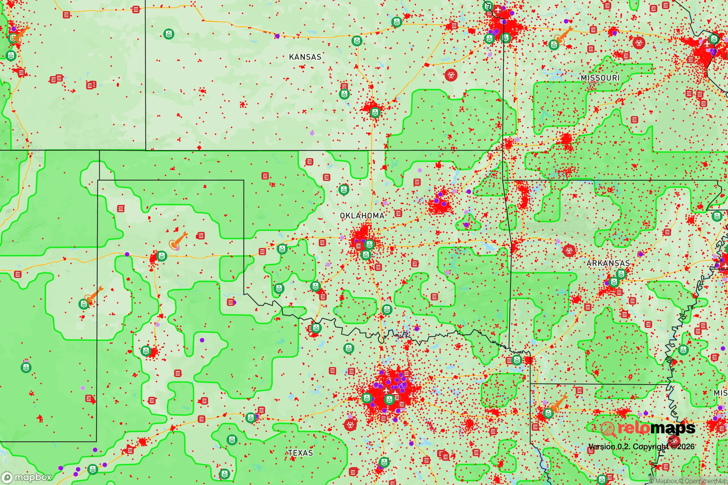 Safe Spaces map for the Oklahoma showing strategic features around Oklahoma — military bases, dangers, federal highways, population centers, and computed safe areas.