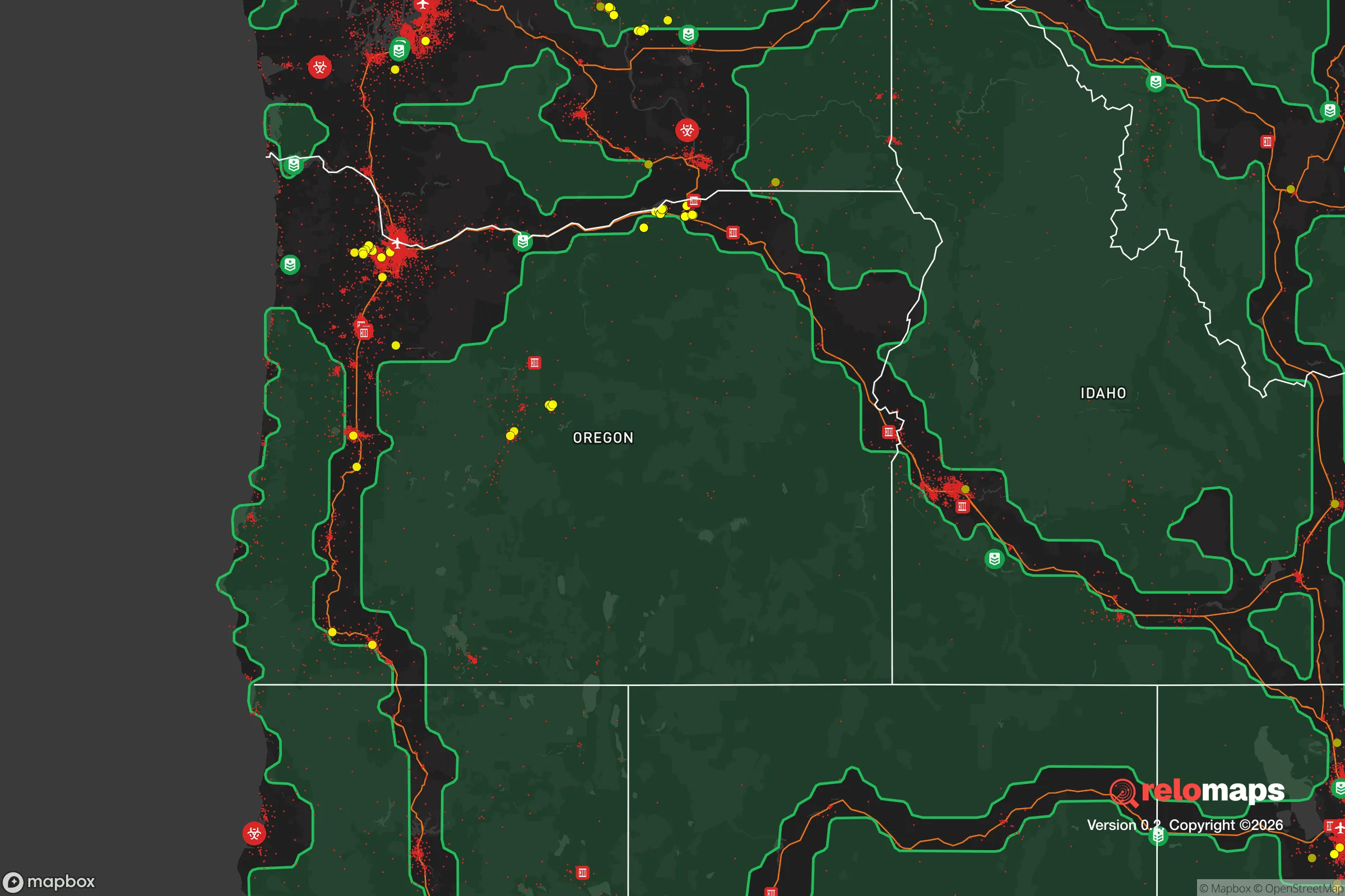 Safe Spaces map for the Oregon showing strategic features around Oregon — military bases, dangers, federal highways, population centers, and computed safe areas.