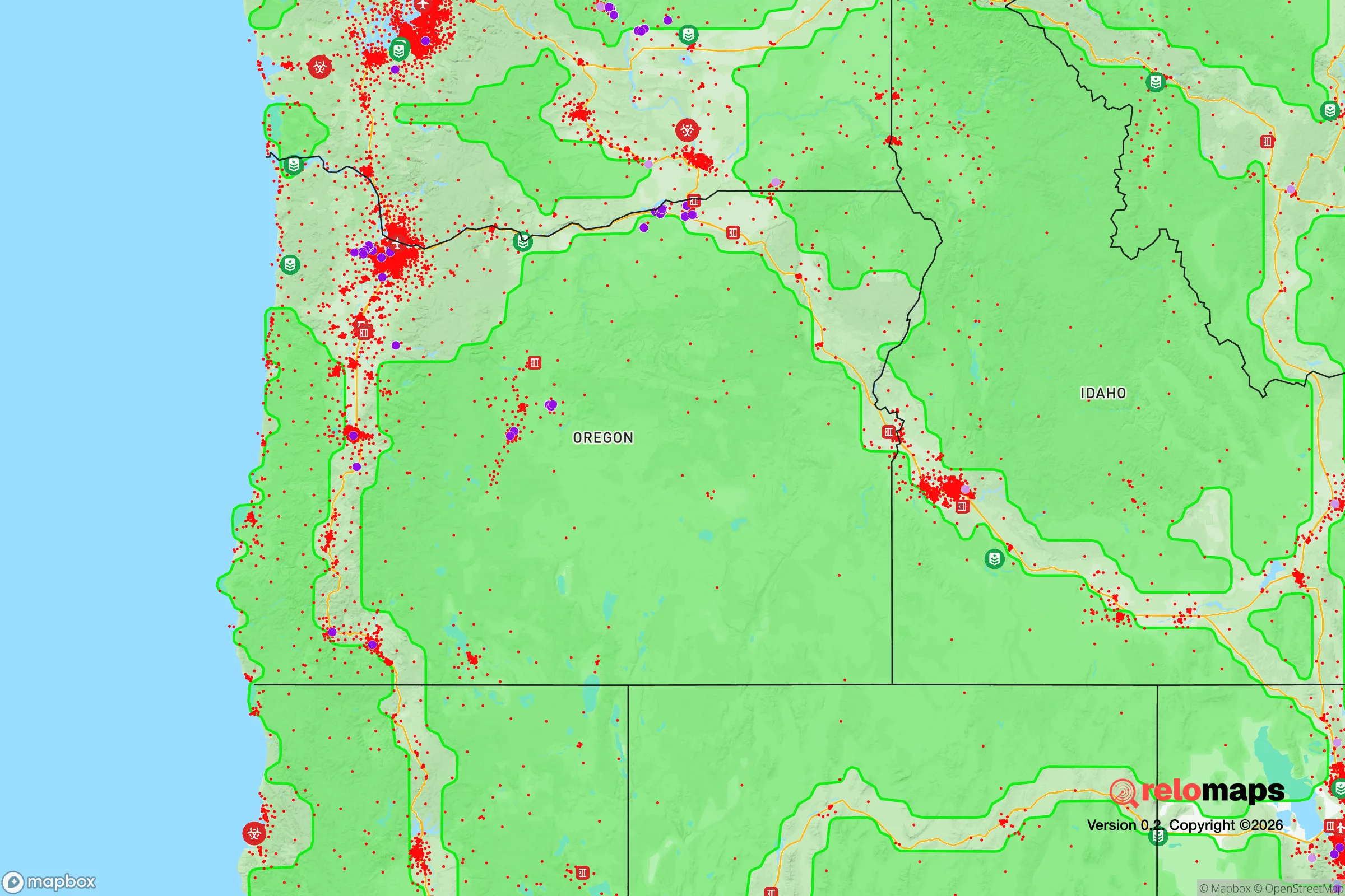 Safe Spaces map for the Oregon showing strategic features around Oregon — military bases, dangers, federal highways, population centers, and computed safe areas.