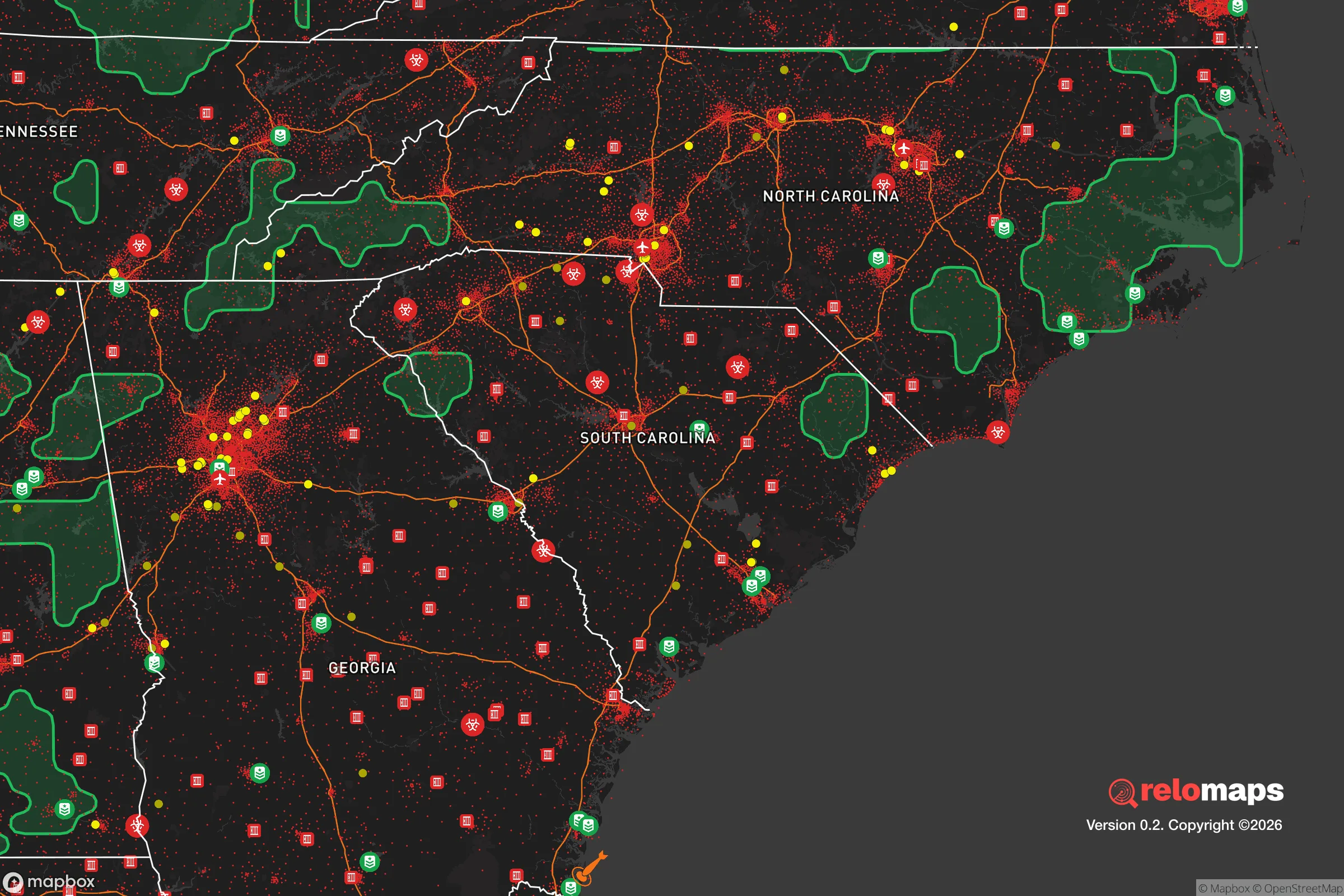 Safe Spaces map for the South Carolina showing strategic features around South Carolina — military bases, dangers, federal highways, population centers, and computed safe areas.
