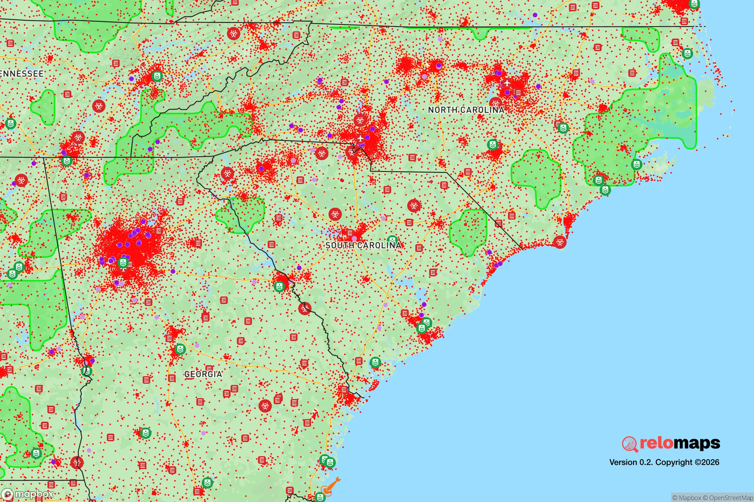 Safe Spaces map for the South Carolina showing strategic features around South Carolina — military bases, dangers, federal highways, population centers, and computed safe areas.