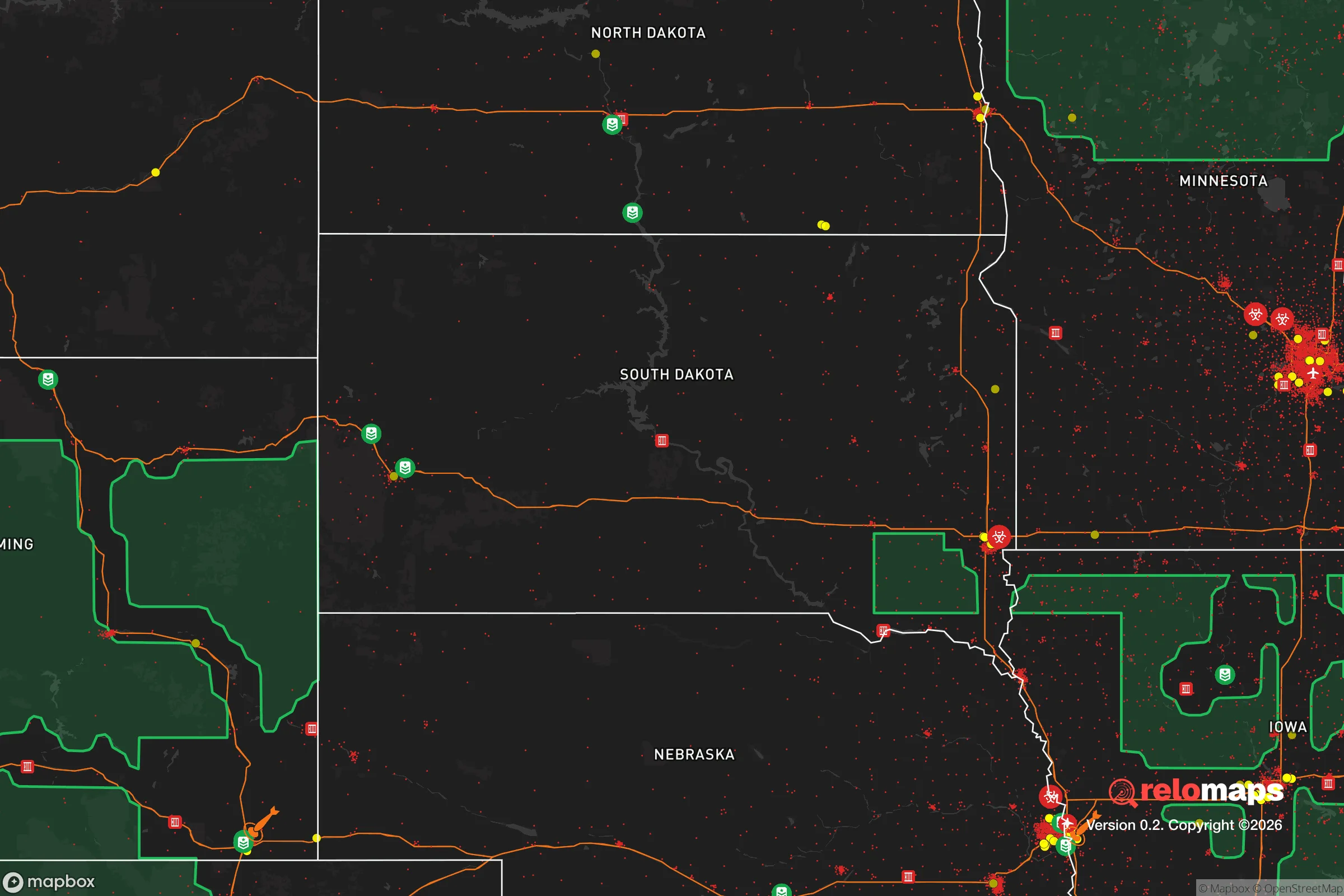 Safe Spaces map for the South Dakota showing strategic features around South Dakota — military bases, dangers, federal highways, population centers, and computed safe areas.