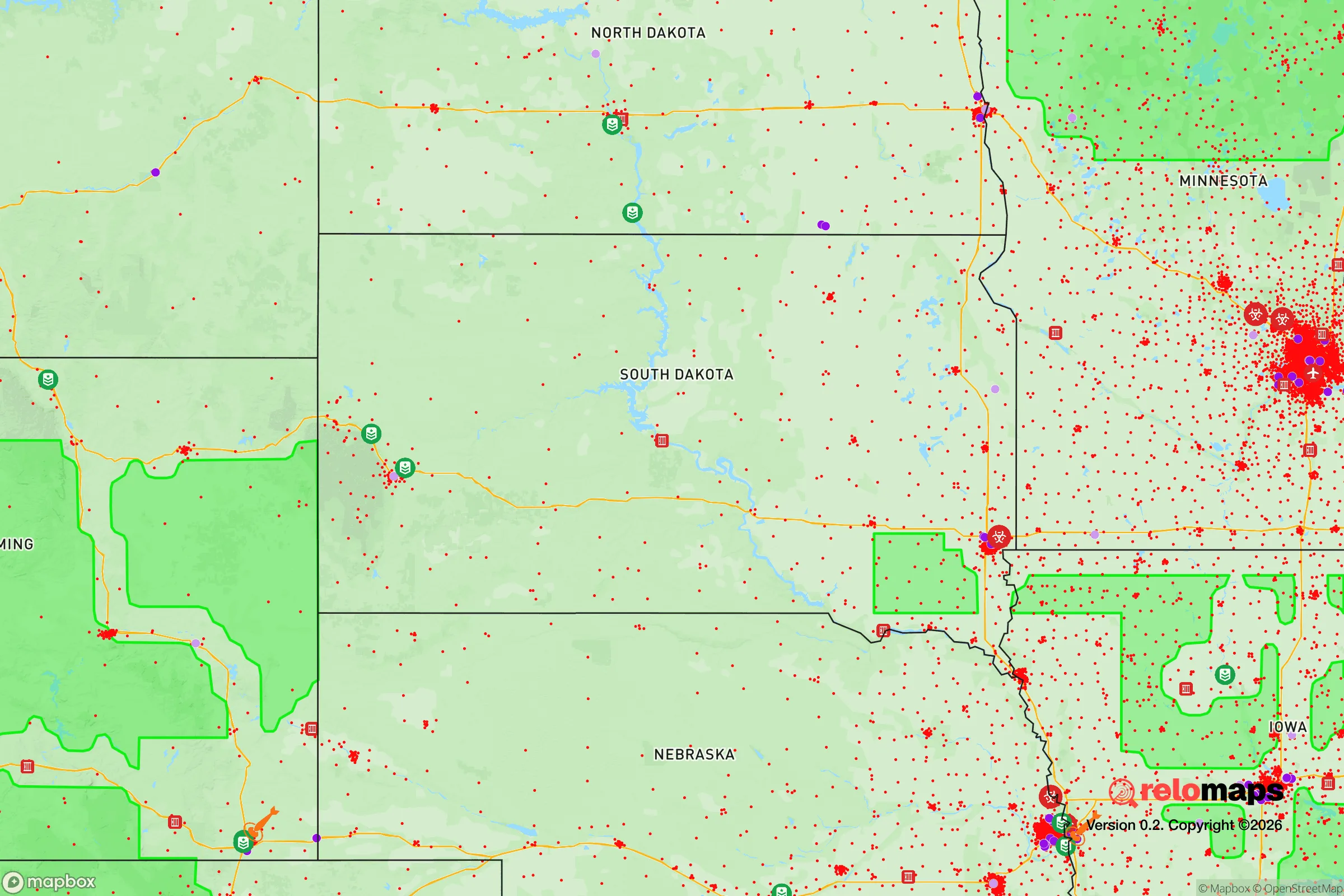 Safe Spaces map for the South Dakota showing strategic features around South Dakota — military bases, dangers, federal highways, population centers, and computed safe areas.