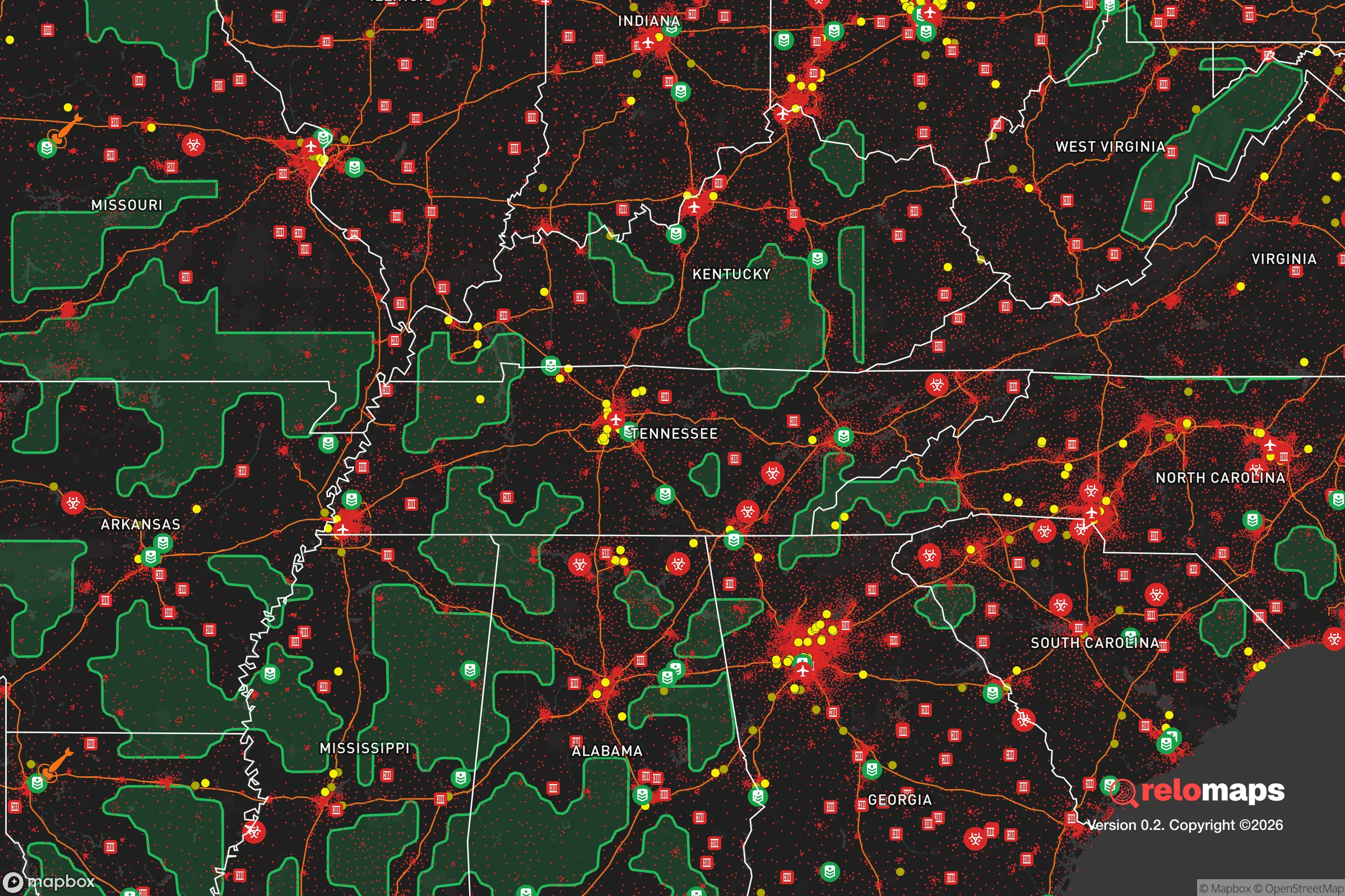 Safe Spaces map for the Tennessee showing strategic features around Tennessee — military bases, dangers, federal highways, population centers, and computed safe areas.