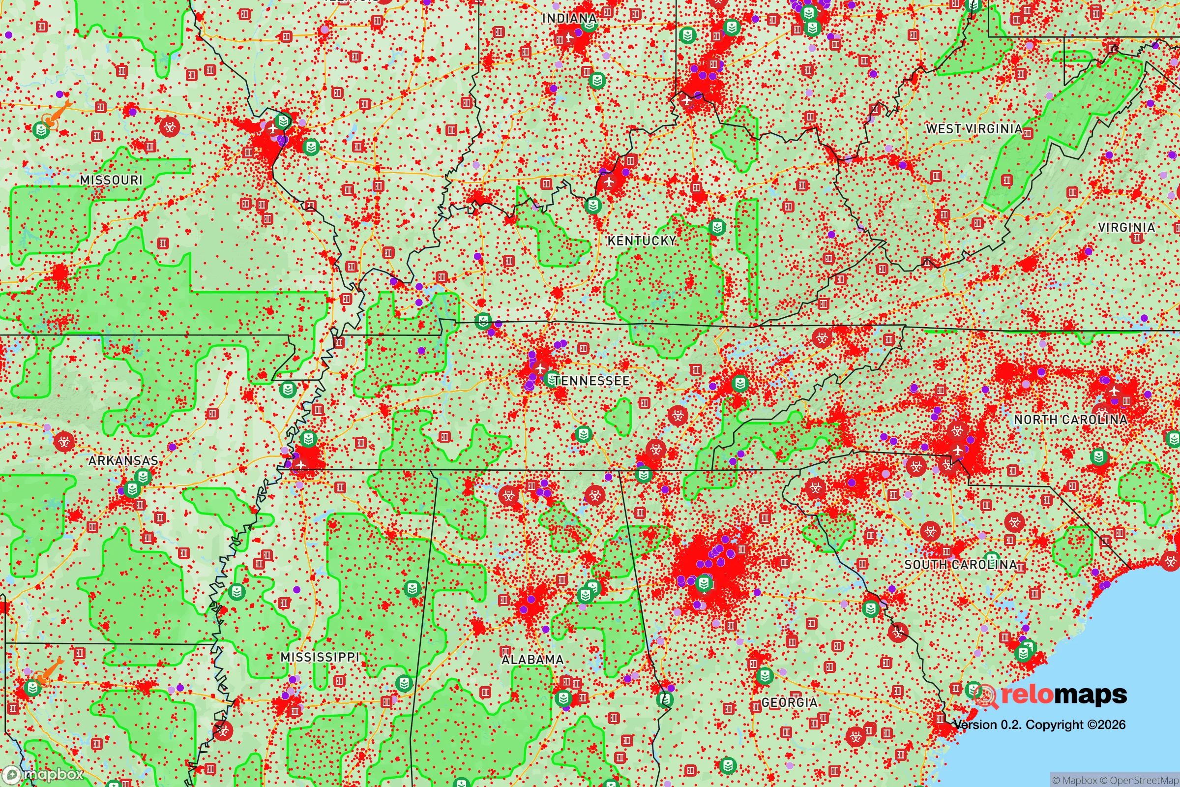 Safe Spaces map for the Tennessee showing strategic features around Tennessee — military bases, dangers, federal highways, population centers, and computed safe areas.