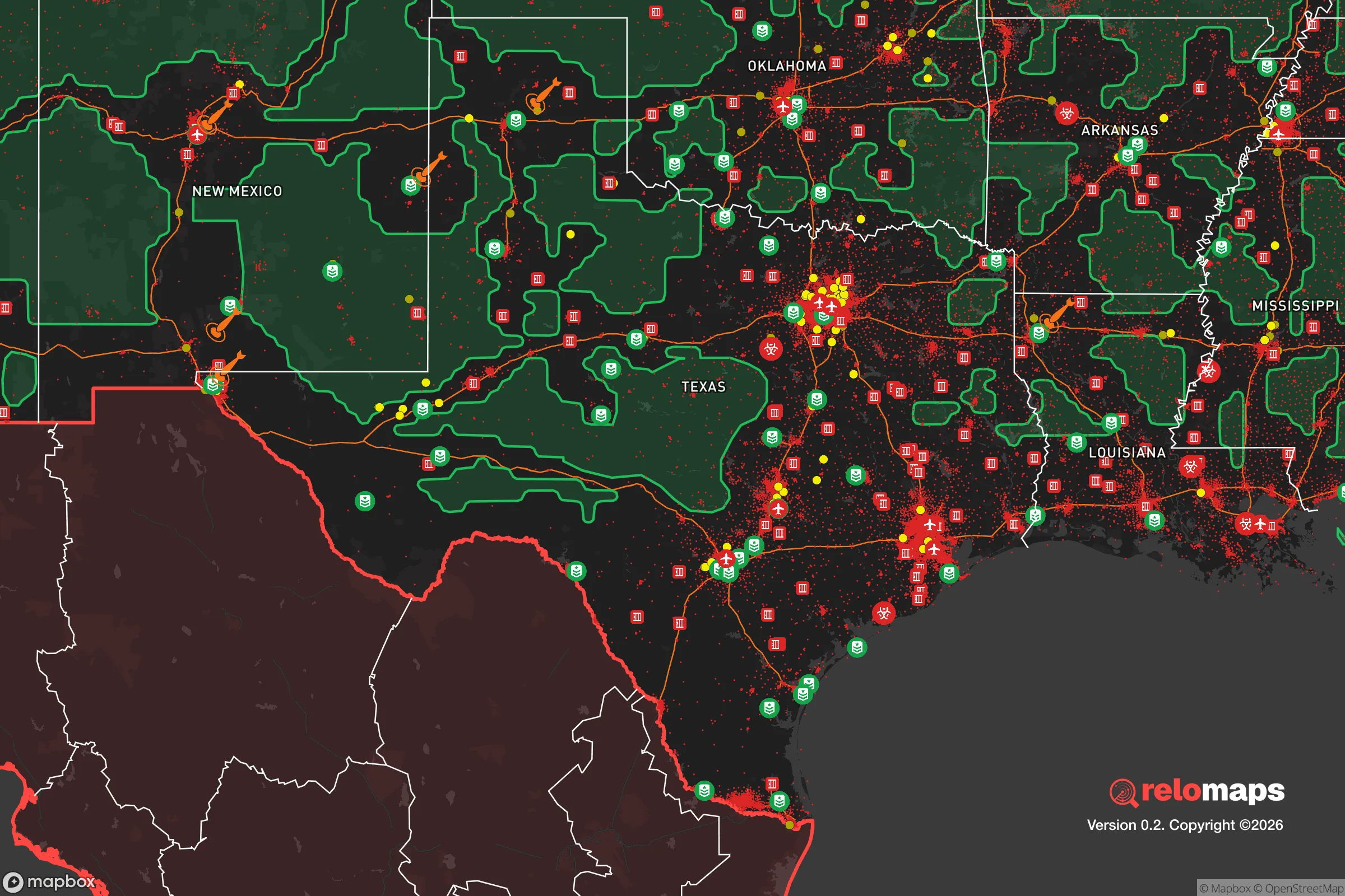 Safe Spaces map for the Texas Region showing strategic features around Texas — military bases, dangers, federal highways, population centers, and computed safe areas.
