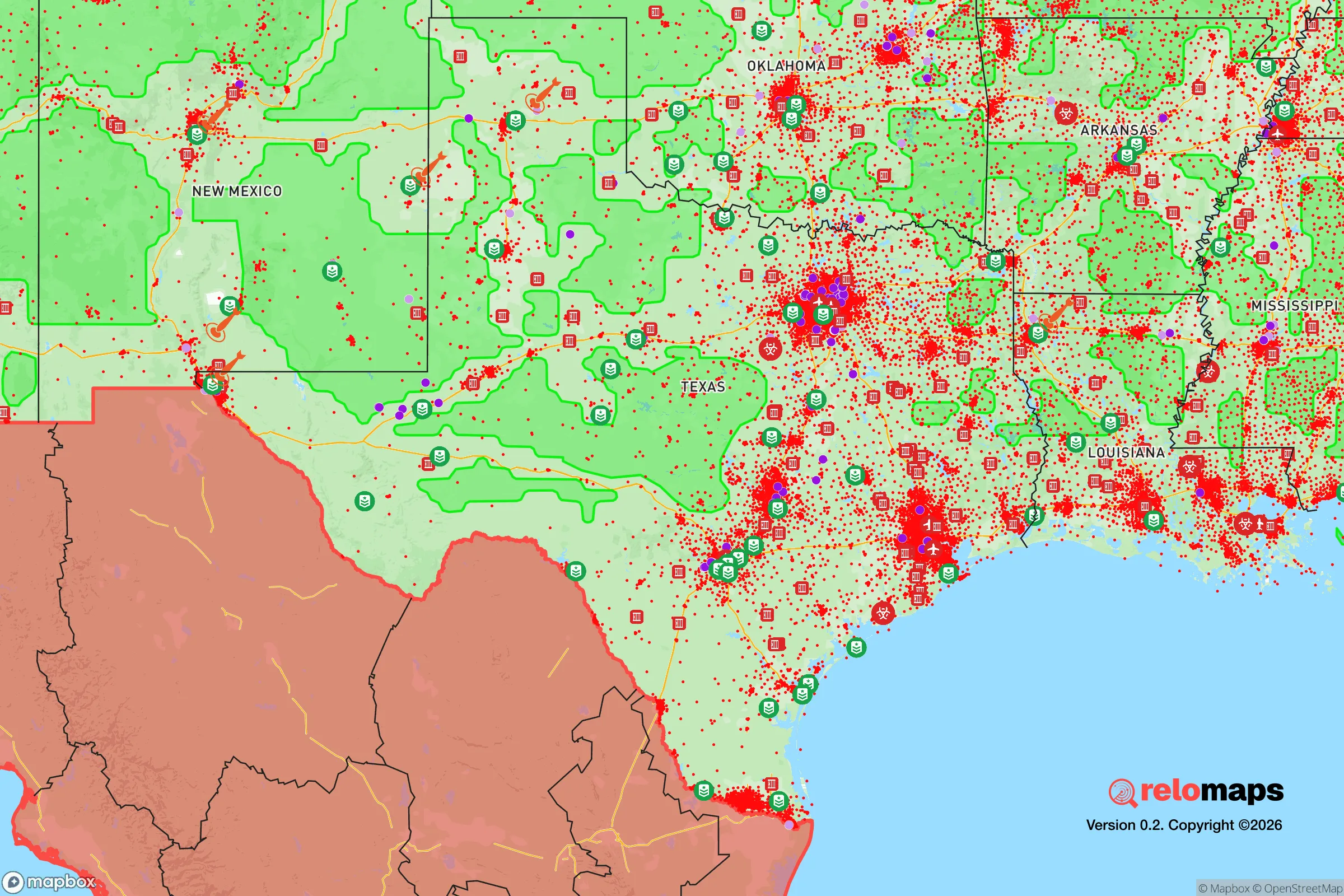 Safe Spaces map for the Texas Region showing strategic features around Texas — military bases, dangers, federal highways, population centers, and computed safe areas.