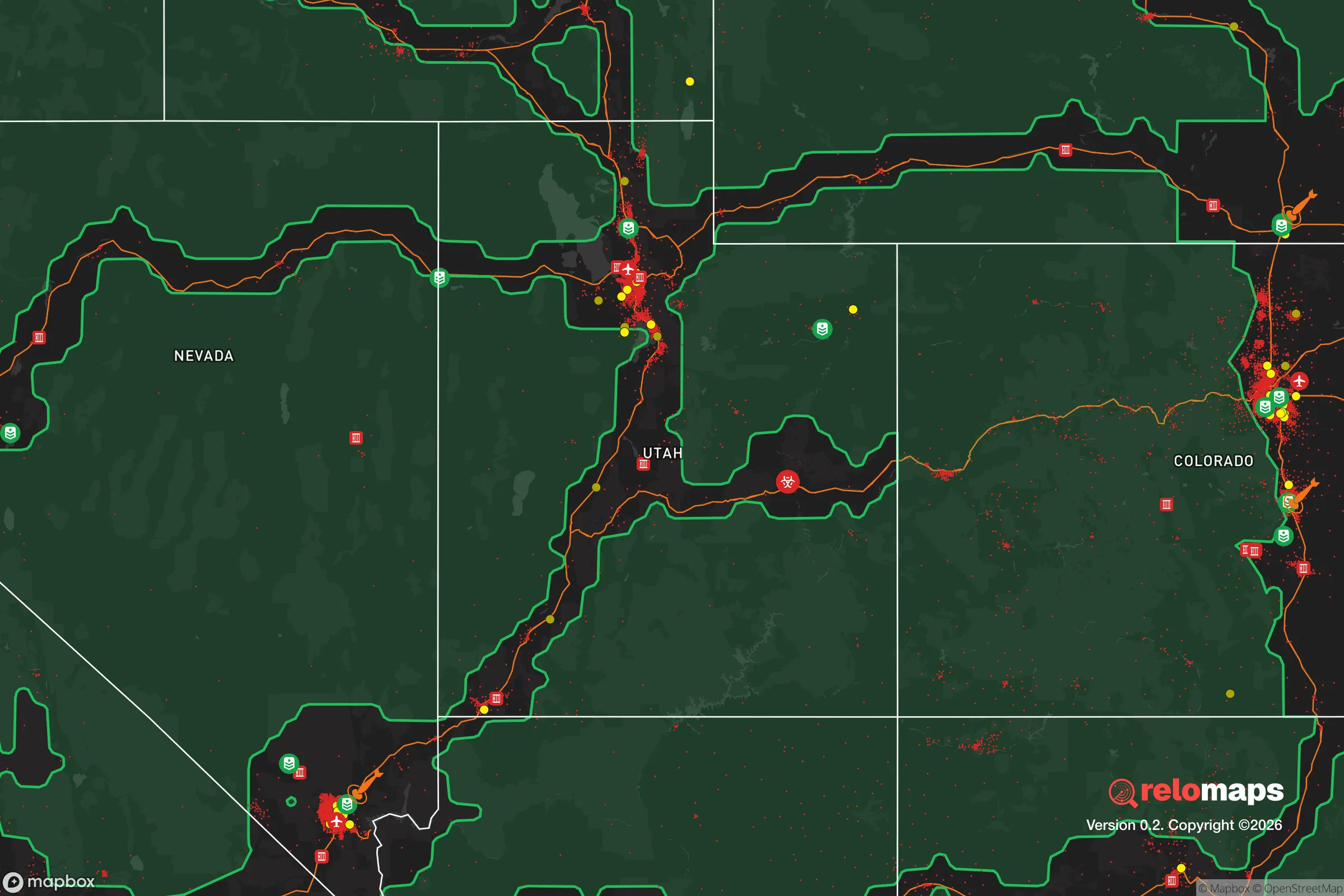 Safe Spaces map for the Utah showing strategic features around Utah — military bases, dangers, federal highways, population centers, and computed safe areas.