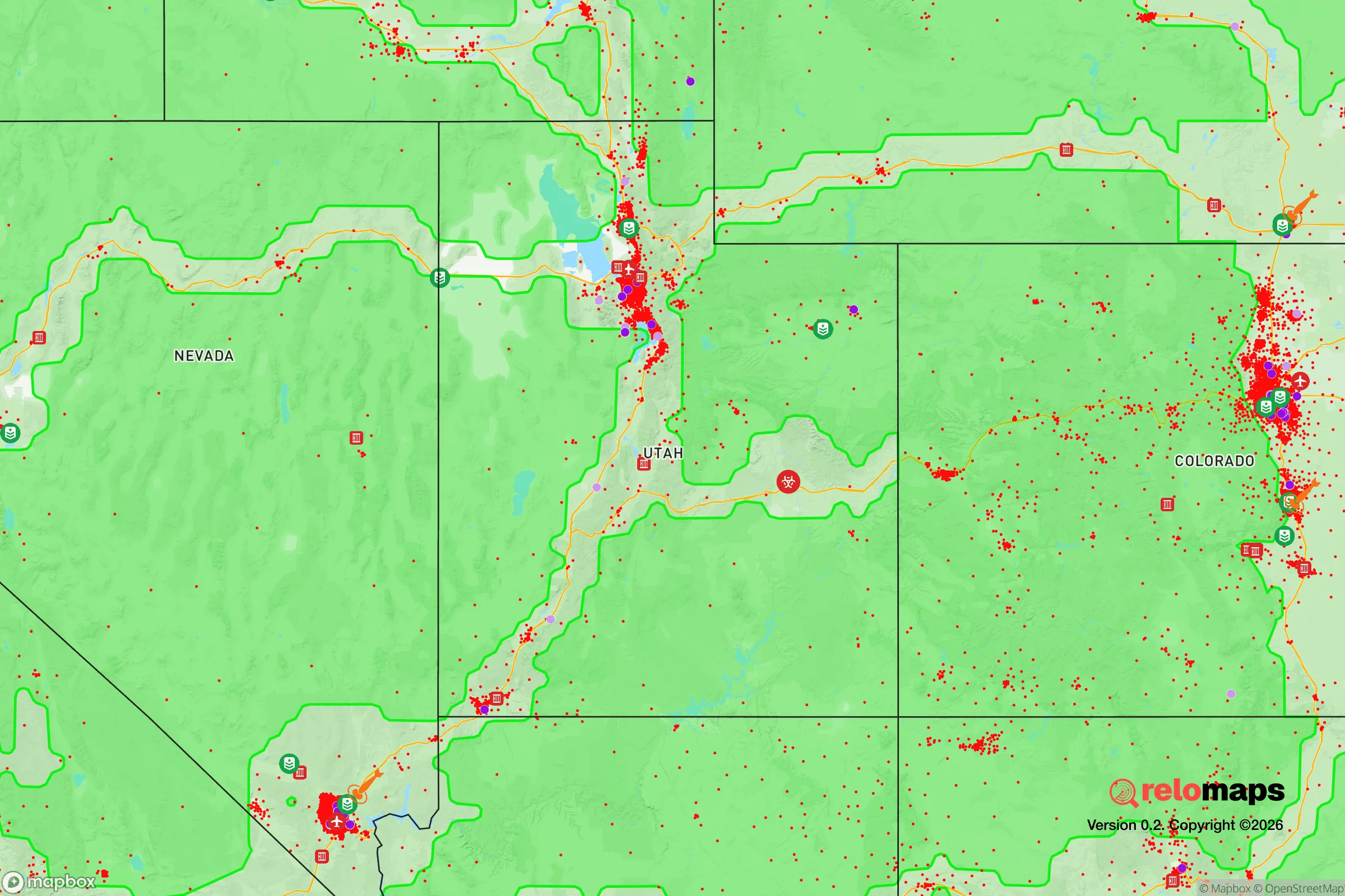 Safe Spaces map for the Utah showing strategic features around Utah — military bases, dangers, federal highways, population centers, and computed safe areas.