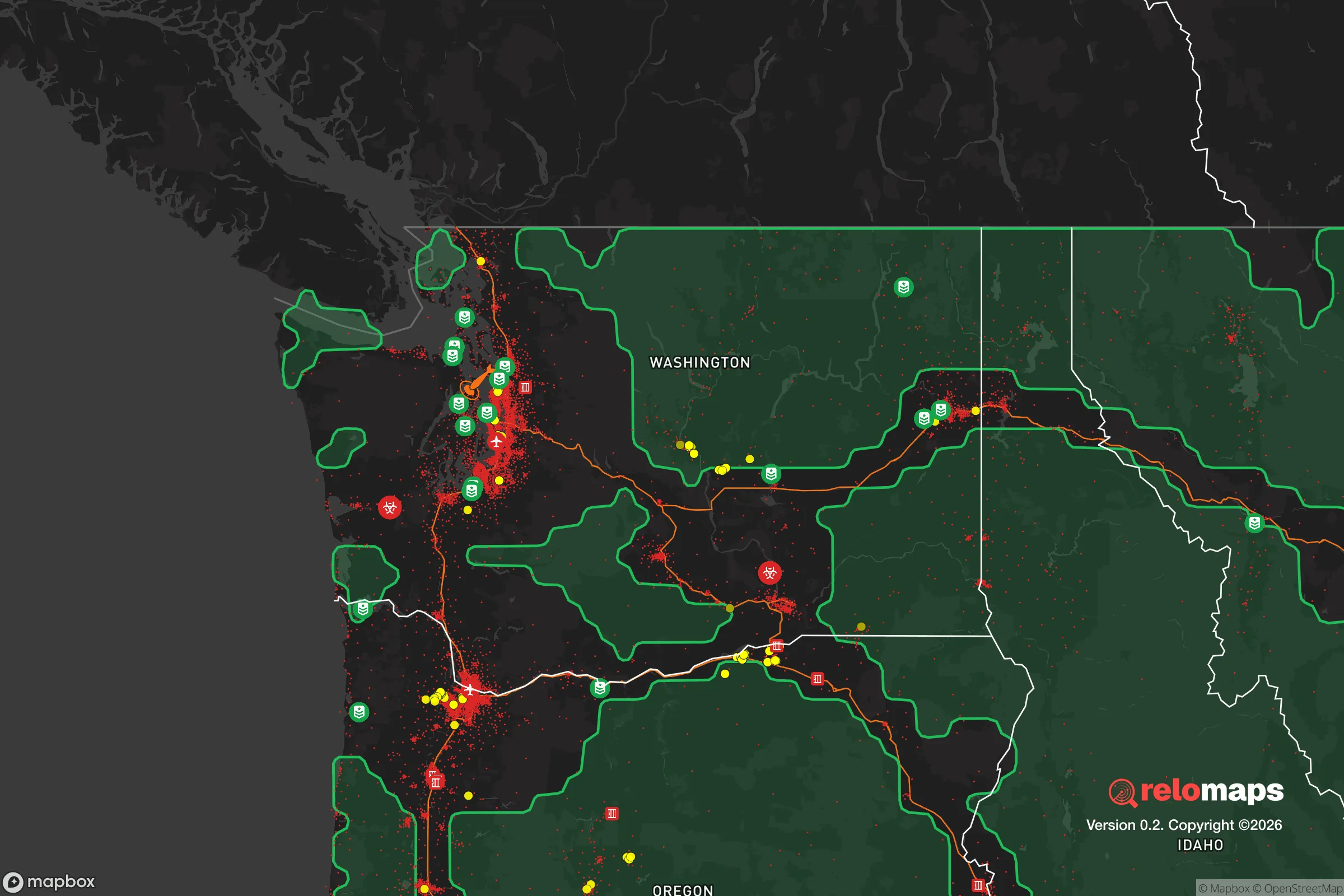Safe Spaces map for the Washington showing strategic features around Washington — military bases, dangers, federal highways, population centers, and computed safe areas.