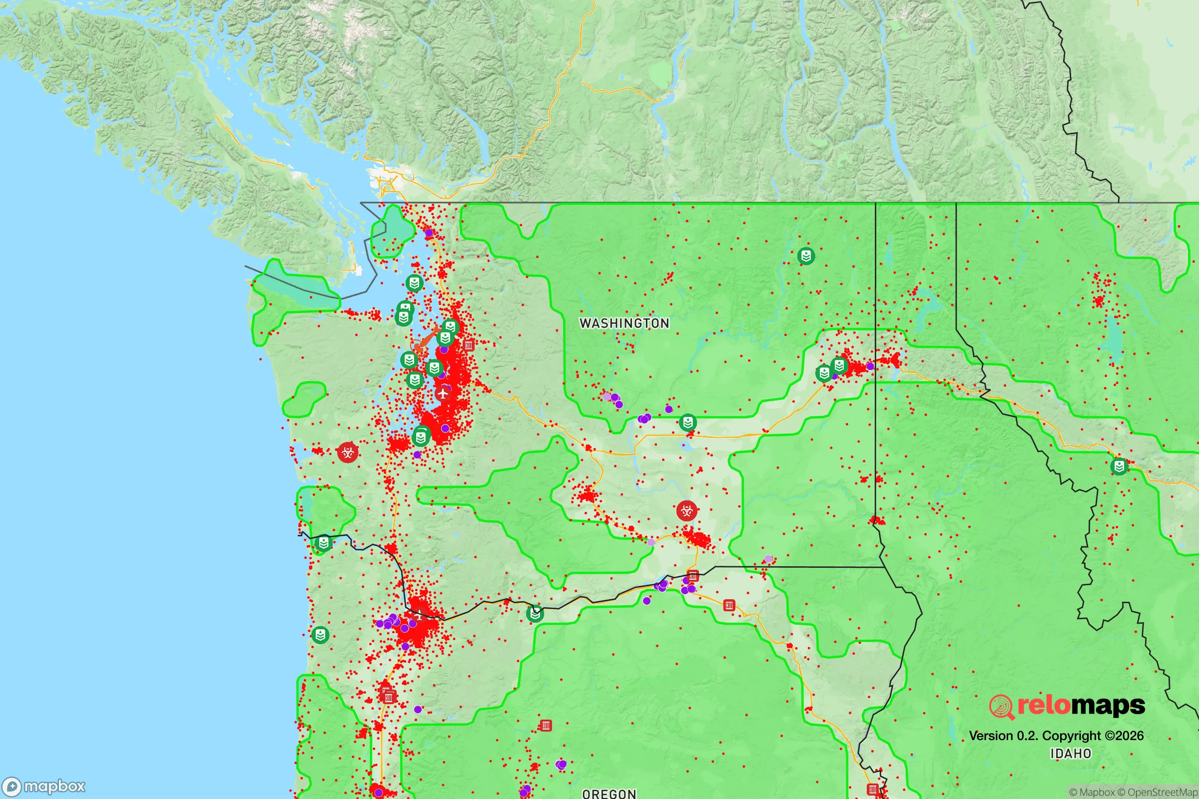 Safe Spaces map for the Washington showing strategic features around Washington — military bases, dangers, federal highways, population centers, and computed safe areas.