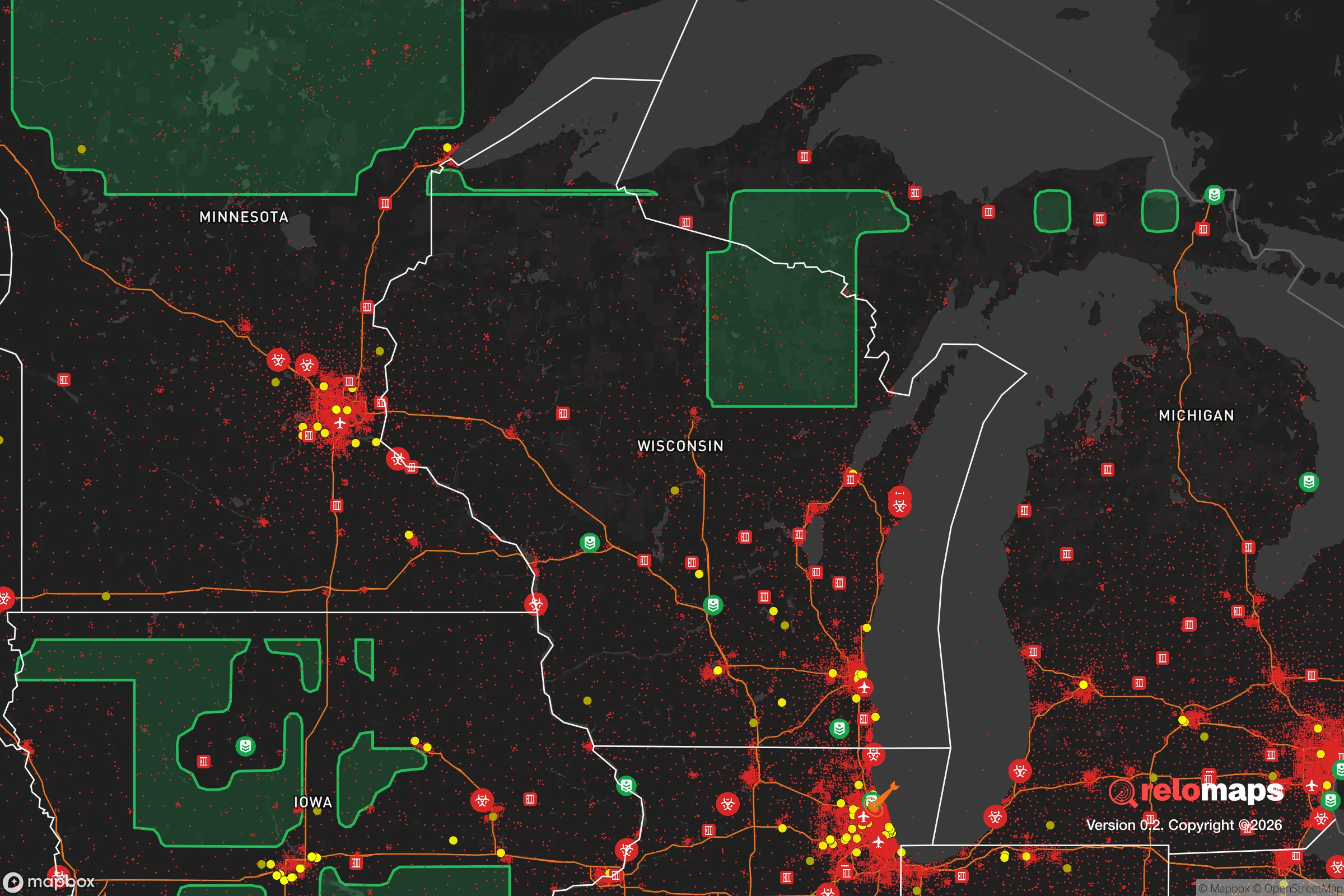 Safe Spaces map for the Wisconsin showing strategic features around Wisconsin — military bases, dangers, federal highways, population centers, and computed safe areas.