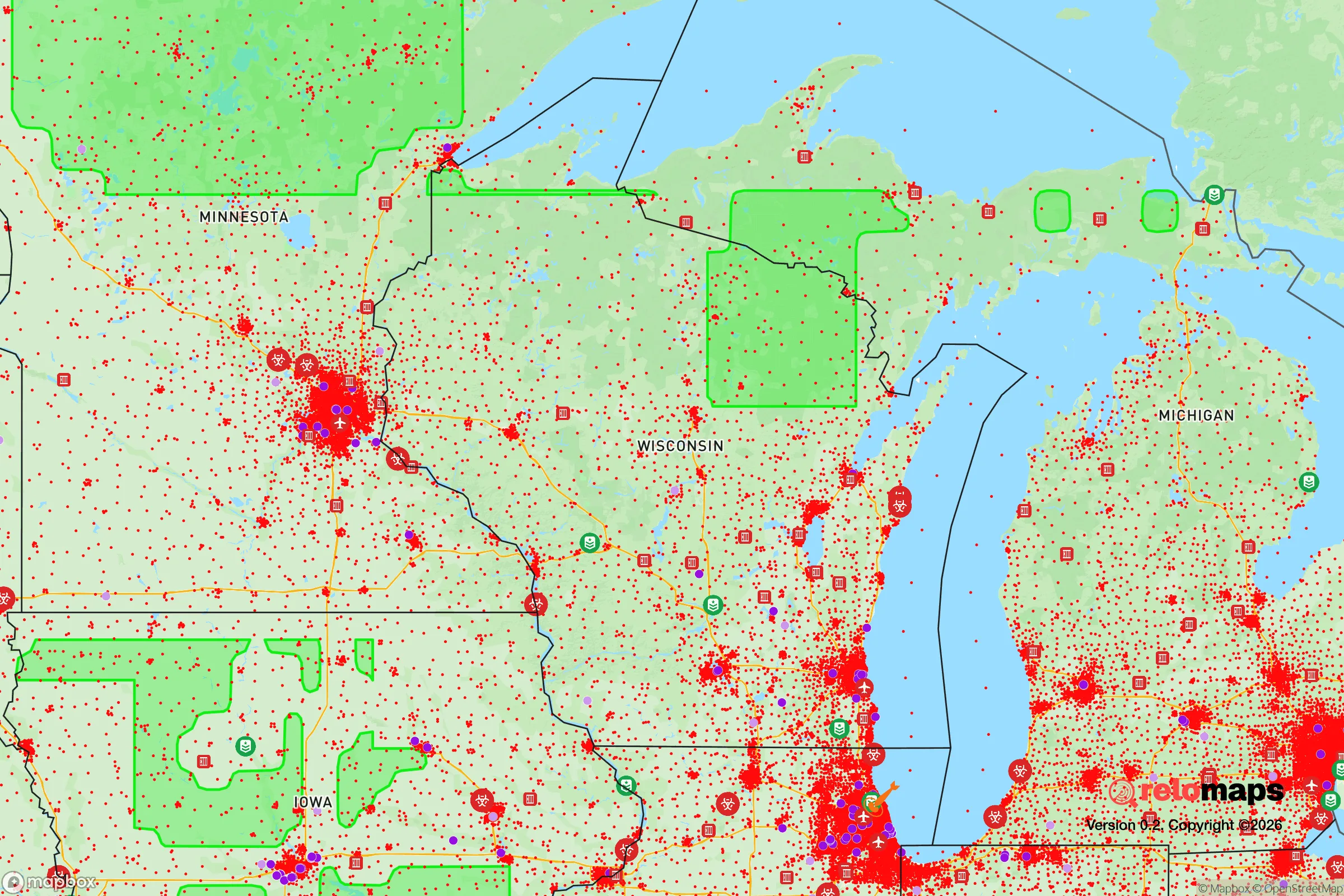 Safe Spaces map for the Wisconsin showing strategic features around Wisconsin — military bases, dangers, federal highways, population centers, and computed safe areas.