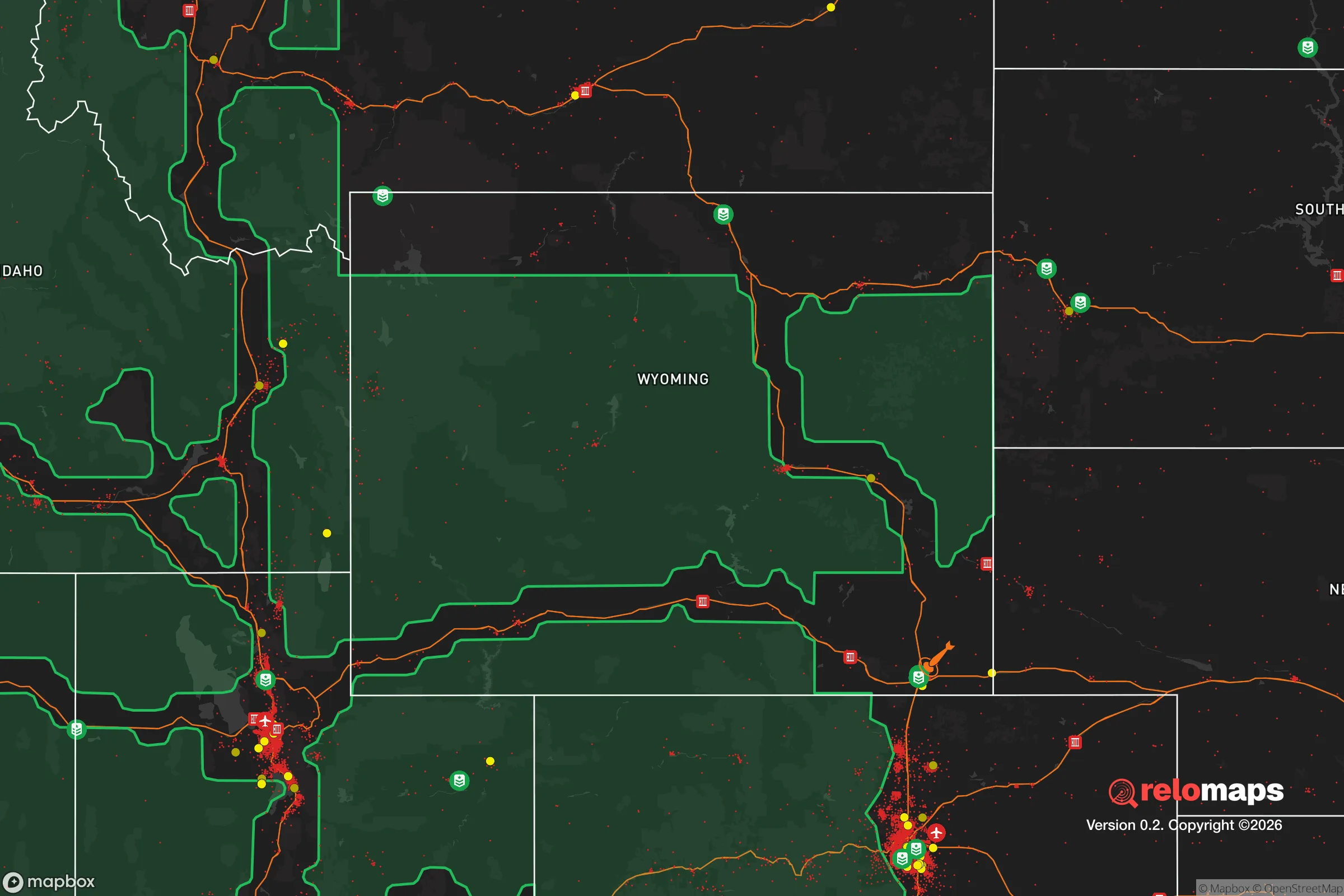 Safe Spaces map for the Wyoming showing strategic features around Wyoming — military bases, dangers, federal highways, population centers, and computed safe areas.