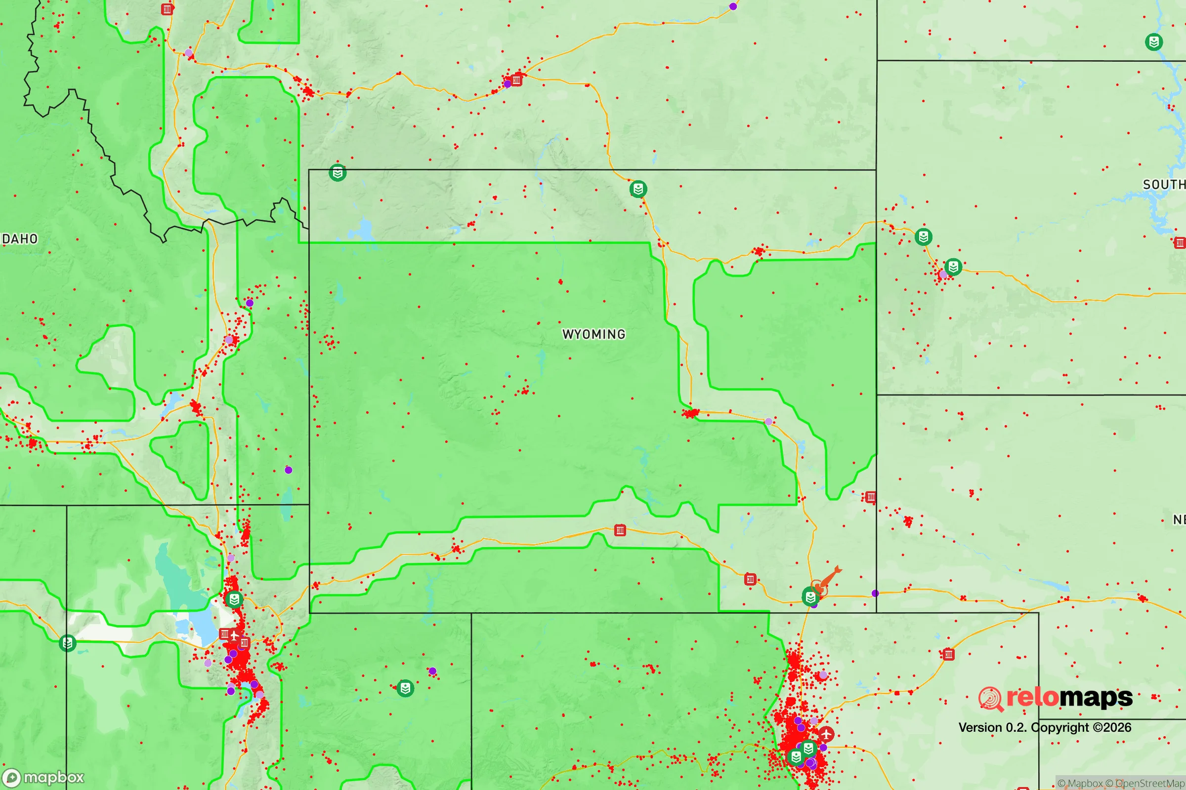 Safe Spaces map for the Wyoming showing strategic features around Wyoming — military bases, dangers, federal highways, population centers, and computed safe areas.